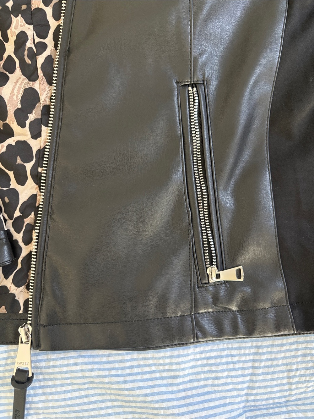 DKNY Black Faux Leather Jacket with Leopard Trim - Picture 3 of 6